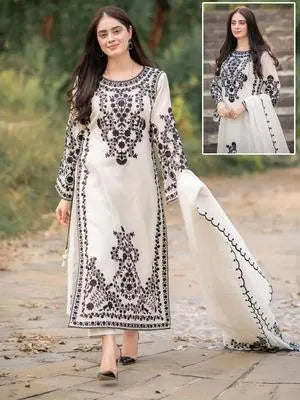 3 Pcs Women’s Stitched Organza Embroidered Suit